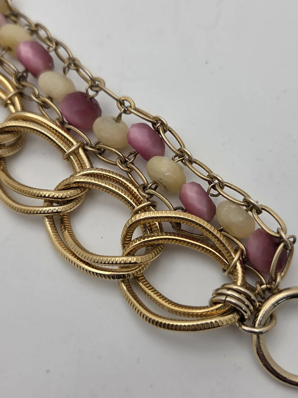 Vintage Multi-Strand Statement Bracelet Gold Tone Chunky Link Pink Cream Glass